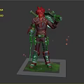 Red Haired Game Movie Character With Axes On Back Metal Armor On Green Grass