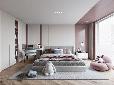 Modern Kids Room With Pink White Bed Desk Wardrobe Rabbit Toy Carpet And Large Window 3d model