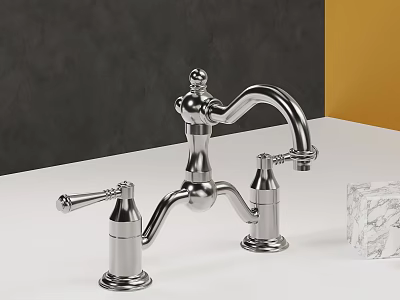 Classic Chrome Faucet With Two Handles On White Countertop And Marble Accessory 3d model