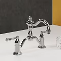 Classic Chrome Faucet With Two Handles On White Countertop And Marble Accessory