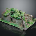 Cartoon Scene Of Abandoned Cottage Covered With Green Vines Broken Roof And Lush Plants