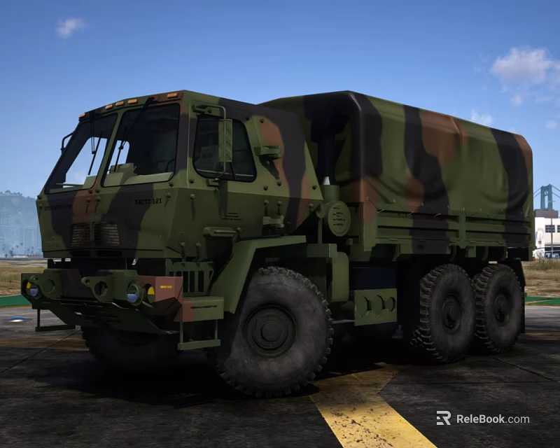 Military Transport Truck With Camouflage Pattern And Large Off Road Tires 3d model 