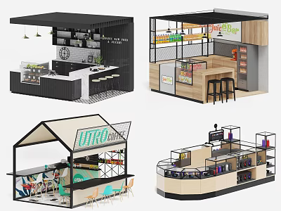 Modern Commercial Kiosk Designs with Counter Seating Display Shelves and Branding 3d model