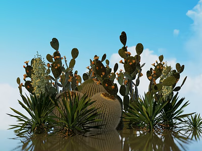 Green Cactus Plants with Prickly Leaves and Barrel Shape Against Blue Sky and Water Reflection 3d model