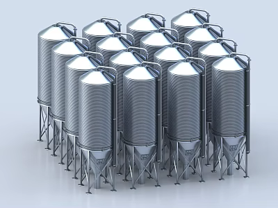 Multiple Silver Metal Industrial Storage Tanks With Conical Bottom And Support Legs 3d model