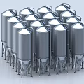 Multiple Silver Metal Industrial Storage Tanks With Conical Bottom And Support Legs 3d model
