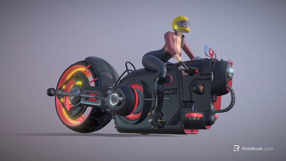 Doll In Yellow Helmet Riding Black Motorcycle With Red And Yellow Details 3d model 