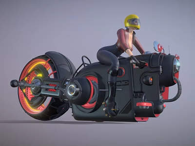 Doll In Yellow Helmet Riding Black Motorcycle With Red And Yellow Details 3d model