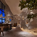 Unique Restaurant Interior Design With Cave Like Ceiling Blue Art Bar Counter And Black Stools