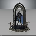 Hooded Cloaked Dark Fantasy Character Standing On Gothic Arch Pedestal With Ornate Candelabras