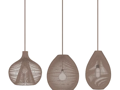 Three Woven Pendant Lights With Different Shapes And Brown Design 3d model