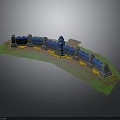 Winding Fortress Wall Structure With Blue Towers Yellow Base And Green Grass