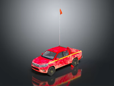 Red Military Pickup Truck Featuring Orange Flag On Roof And Dark Reflective Surface 3d model