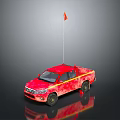 Red Military Pickup Truck Featuring Orange Flag On Roof And Dark Reflective Surface