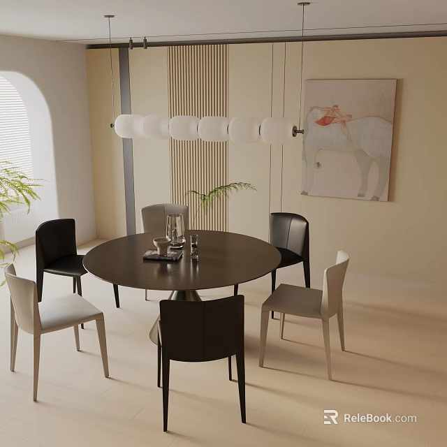 Round Dining Table Set With Black And Beige Chairs Pendant Light Wall Art And Plants 3d model 