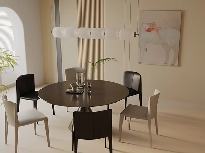 Round Dining Table Set With Black And Beige Chairs Pendant Light Wall Art And Plants 3d model