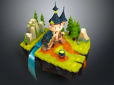 Enchanting Cartoon Scene With Castle Spires Pine Trees Waterfall And Green Grass 3d model