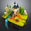 Enchanting Cartoon Scene With Castle Spires Pine Trees Waterfall And Green Grass