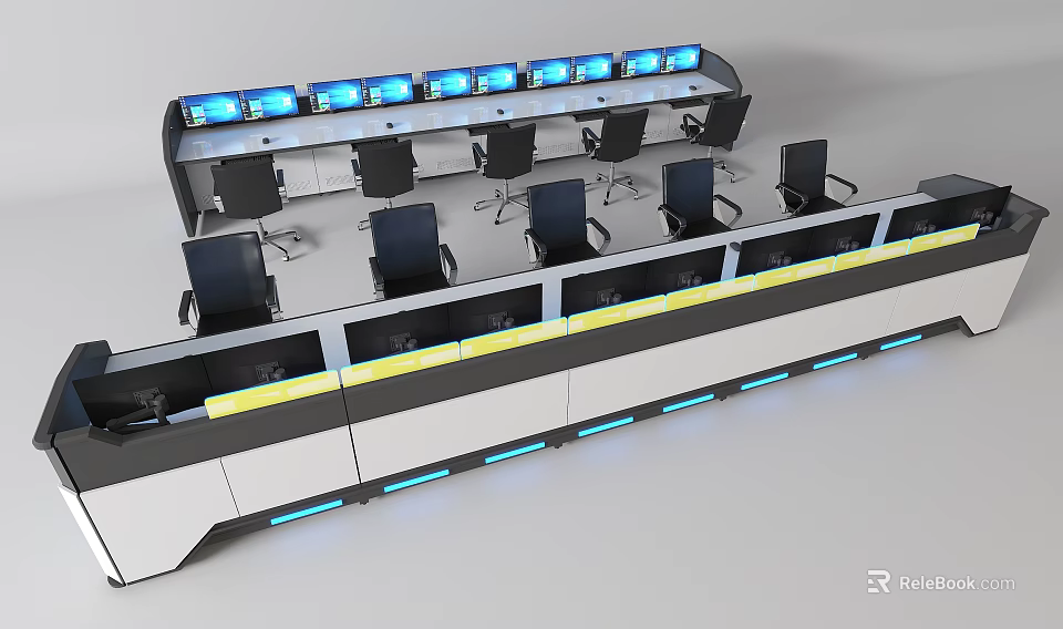 Modern Control Room Console With Multiple Monitor Screens And Ergonomic Chairs 3d model 