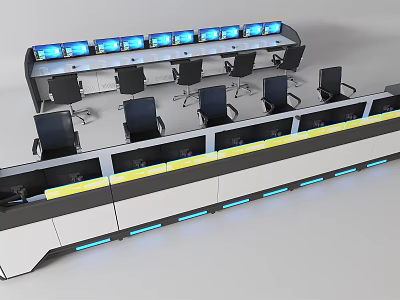 Modern Control Room Console With Multiple Monitor Screens And Ergonomic Chairs 3d model