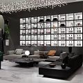 Modern Lounge With Crystal Chandelier Display Cabinets Sofas And Marble Flooring 3d model