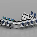 Modern L shaped Conference Console Table With Blue Chairs And Multiple Monitors 3d model