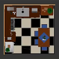 Cozy Kitchen Interior With Yellow Walls Brown Cabinets White Refrigerator And Checkered Floor