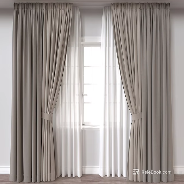 Modern Gray Curtains With Sheer White Curtains And Window Tiebacks Interior Design 3d model 