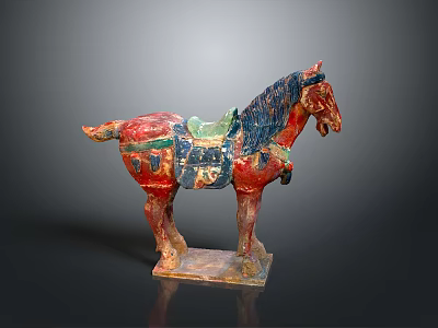 Colorful Ancient Hand Carved Horse Sculpture with Intricate Saddle and Standing Pose 3d model