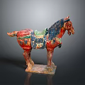 Colorful Ancient Hand Carved Horse Sculpture with Intricate Saddle and Standing Pose