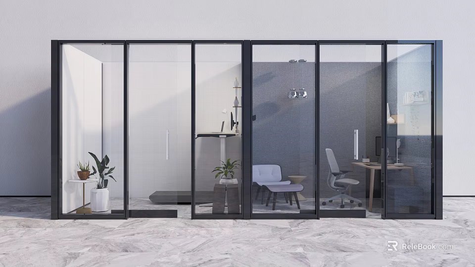 Modern Open Office Space with Glass Partitions Minimalist Desk Chair and Green Plants 3d model 