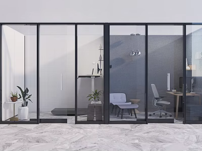 Modern Open Office Space with Glass Partitions Minimalist Desk Chair and Green Plants 3d model