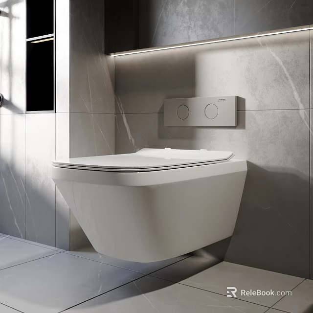 Modern White Wall Mounted Toilet With Gray Marble Wall And Built In Control Panel 3d model 