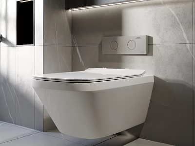 Modern White Wall Mounted Toilet With Gray Marble Wall And Built In Control Panel 3d model