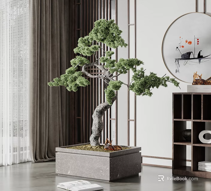Pine Bonsai Plant In Square Pot With Traditional Screen And Round Wall Art 3d model 