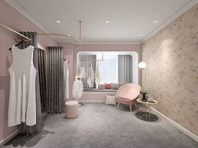Elegant Modern Dressing Room With Pink Walls Gray Carpet White Dress And Pink Chair 3d model