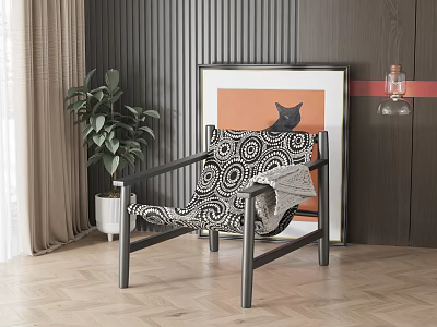 Single Sofa With Black And White Patterned Cushion Green Plant And Orange Background Wall Art 3d model