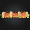 Grilled Meat Skewer with Charred Meat Pieces and Green Scallion Segments on Bamboo Stick