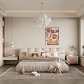 Modern Bedroom Interior With Beige Cabinet Chandelier Bedside Painting And Stuffed Toys On Rug
