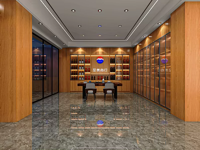 Tobacco and Alcohol Store Interior With Wooden Decor Display Shelves And Table Chairs 3d model