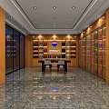 Tobacco and Alcohol Store Interior With Wooden Decor Display Shelves And Table Chairs
