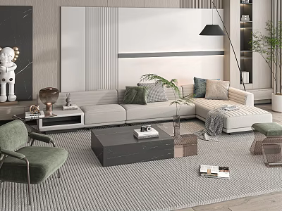 Modern Living Room With Gray Beige Sofa Coffee Table Set Green Armchair And Striped Rug 3d model
