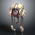 Mechanical Creature With Dome Shaped Head Checkered Pattern Red Core Metallic Structure And Chain Tentacles 3d model