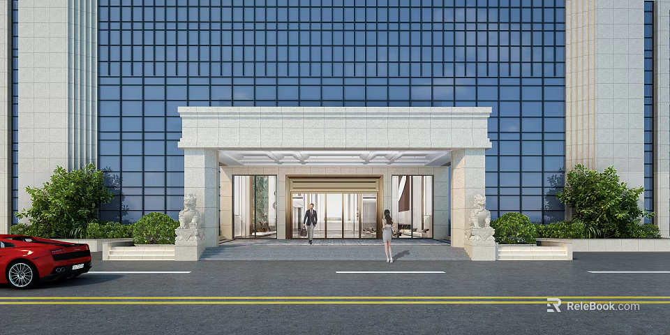 Modern Building Entrance featuring White Stone Structure Glass Curtain Wall Stone Lion Sculptures Green Plants 3d model 