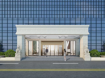 Modern Building Entrance featuring White Stone Structure Glass Curtain Wall Stone Lion Sculptures Green Plants 3d model