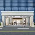 Modern Building Entrance featuring White Stone Structure Glass Curtain Wall Stone Lion Sculptures Green Plants