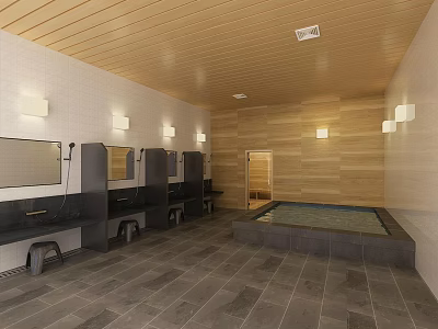 Relaxing SPA Sauna Interior With Wooden Walls Gray Tiled Floor And Square Pool 3d model