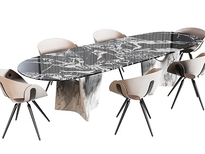 Elegant Modern Dining Table Set With Marble Top And Six Beige Chairs 3d model