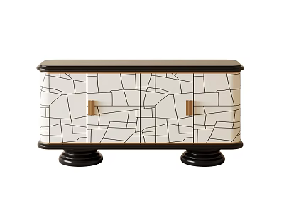White Entryway Cabinet Sideboard With Black Geometric Lines Gold Handles And Black Base 3d model