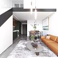 Modern Apartment Interior Design With Open Space Brown Sofa Staircase Kitchen And Pendant Lights